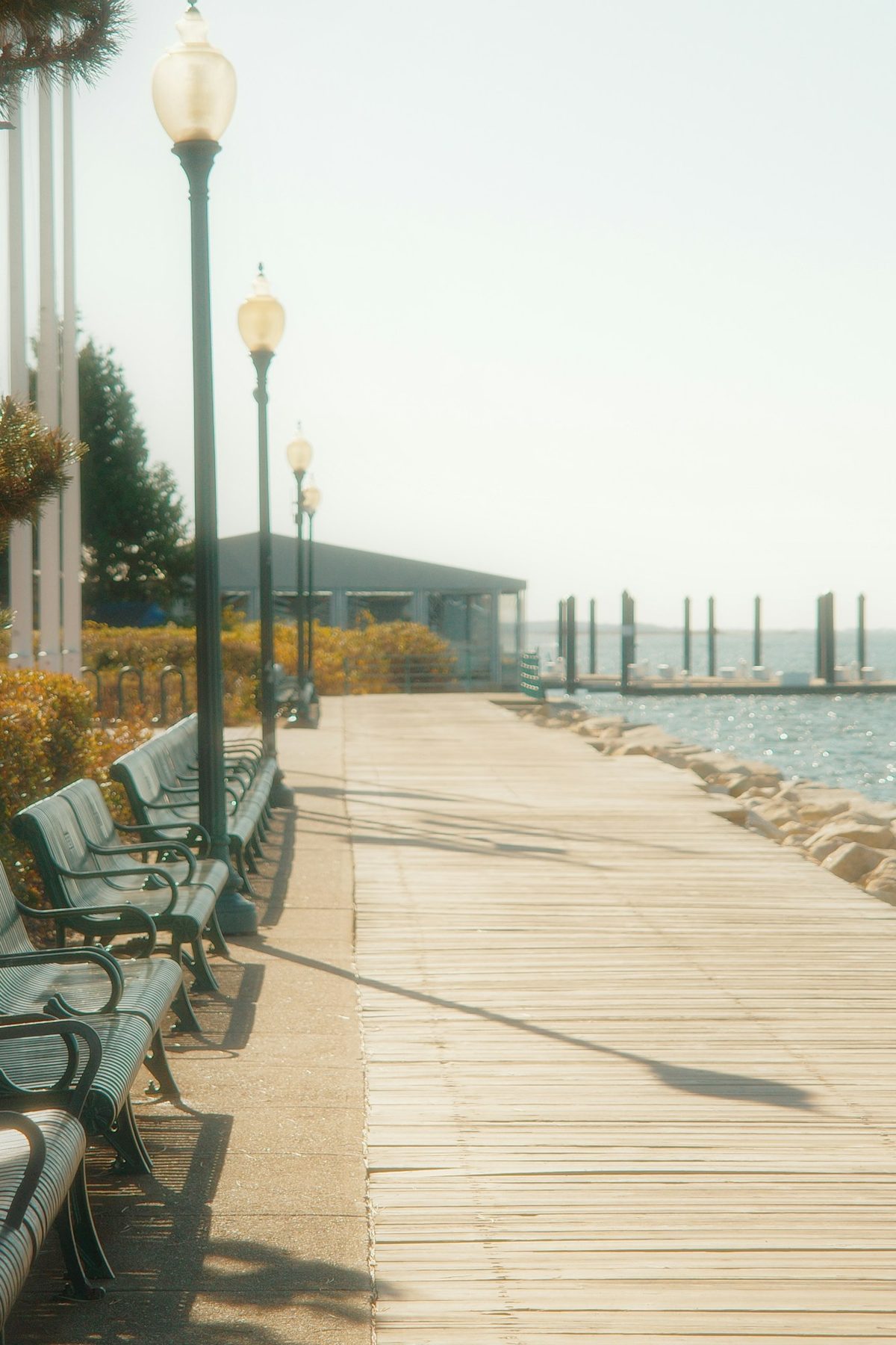 Fishing pier at Colt State Park, Bristol, Rhode Island, looking across Narragansett Bay.